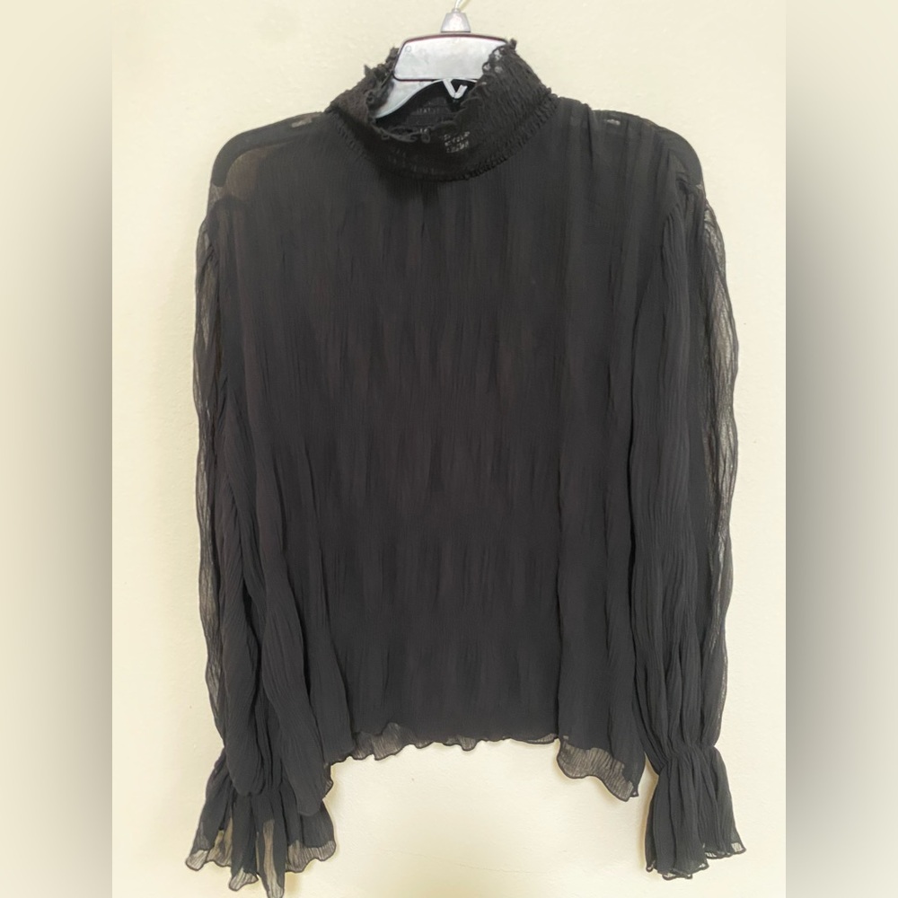 Black Puff Sleeve Blouse with Mandarin Collar